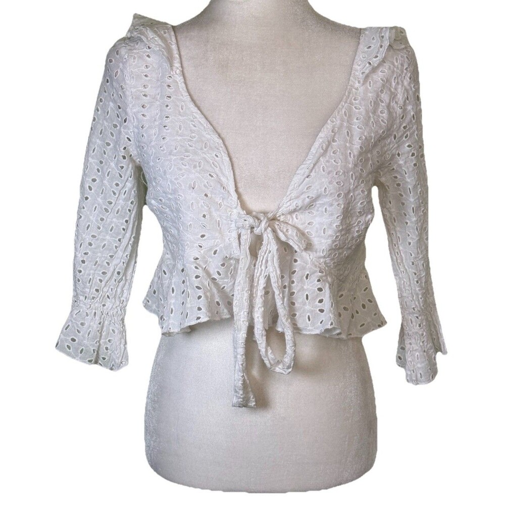 Women’s Romantic White Eyelet Lace Top Tie Front Peplum Boho Prairie Fairy Sz Sm